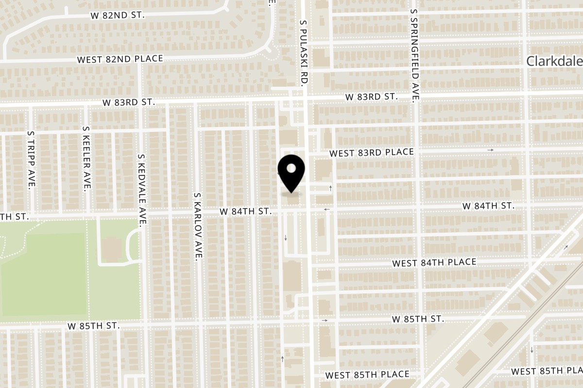 Map showing the location of Angie's Restaurant & Pizzeria on 8352 S Pulaski Rd in Chicago